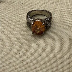 Size 7 Silver Tone Ring Orange Crystal And Rhinestones